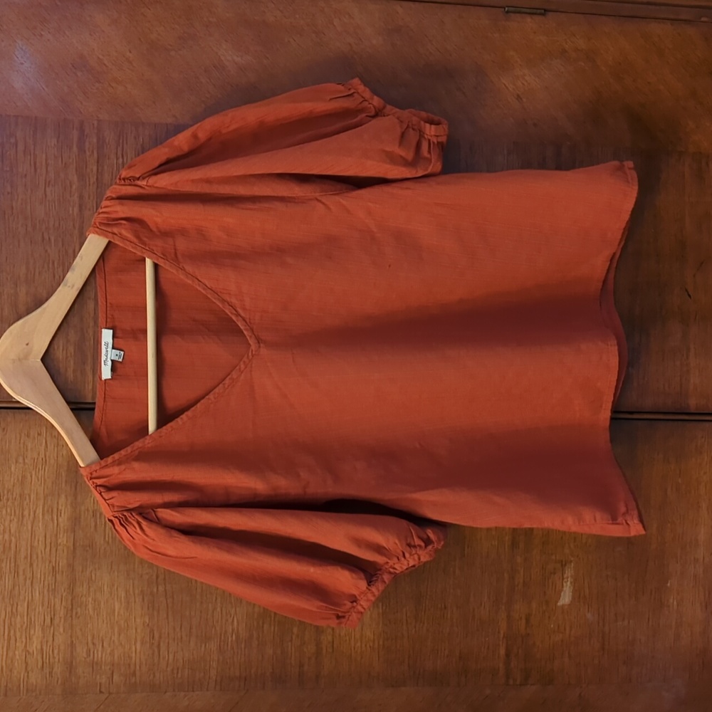 Madewell V-Neck Puff-Sleeve Top, Medium, Textured Stripe/Rusty Torch